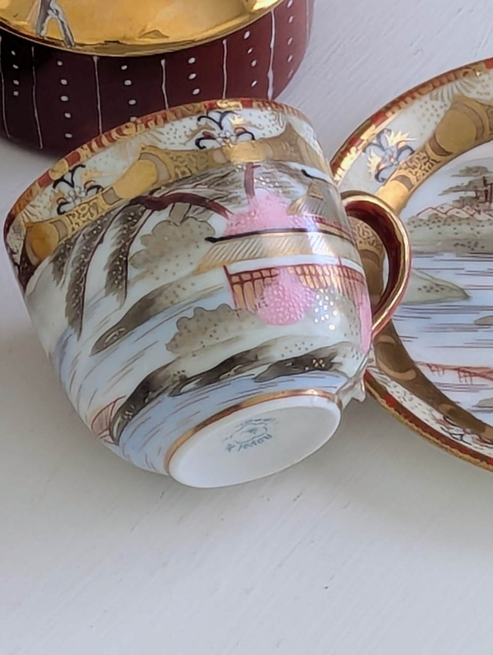 Antique Japanese Royal Kaga 22 Karat Gilded Porcelain Mini Tea Cup & Saucer Set